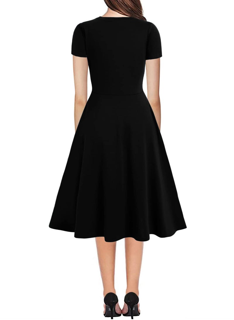 HELYO Women's Vintage Casual Round Neck Floral Tunic Work Party A-Line Swing Dress with Pockets 162 (L, Black Solid) - Image 2